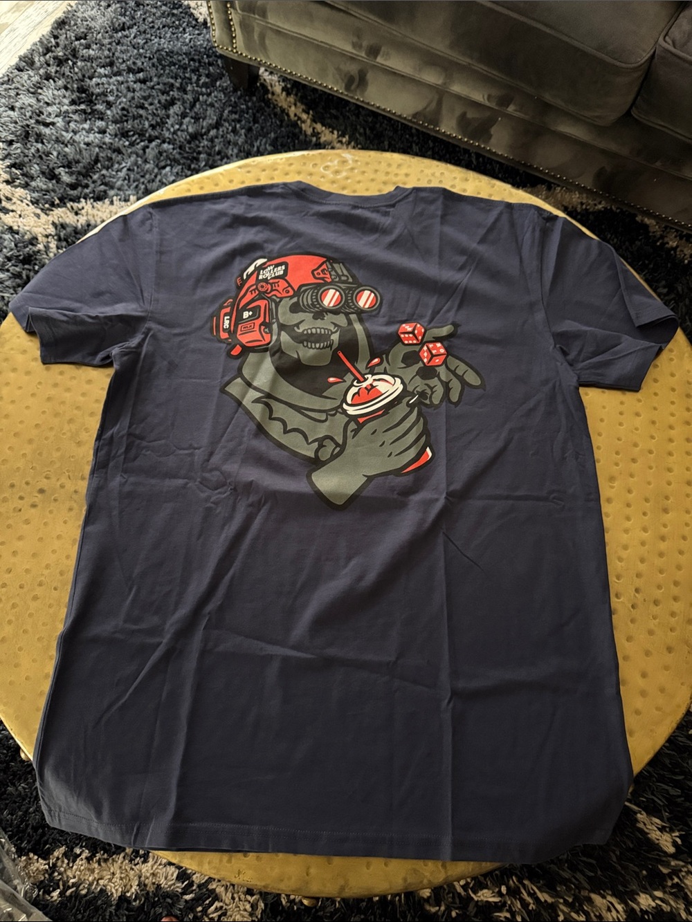 Navy Short-Sleeve Graphic Tee with Red & Gray Back Artwork